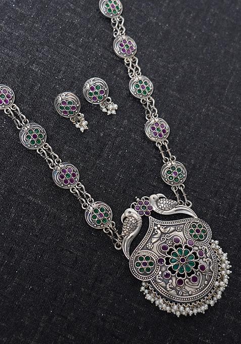 Silver Finish Handcrafted Brass Necklace And Earrings Set