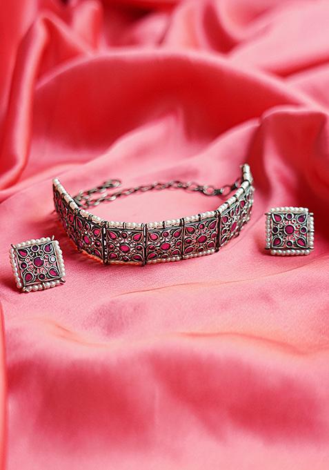 Silver Tone Purple Bead Choker Necklace And Earrings Set