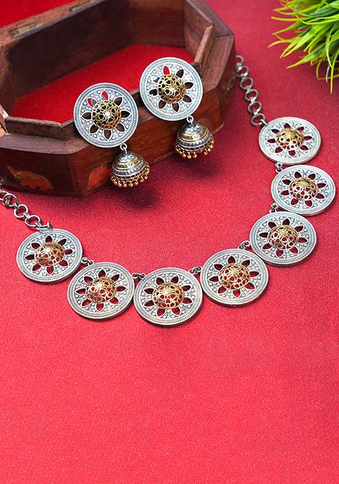 Dual Tone Floral Brass Necklace And Earrings Set