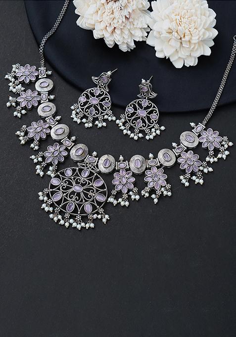 Silver Tone Grey Brass Necklace And Earrings Set