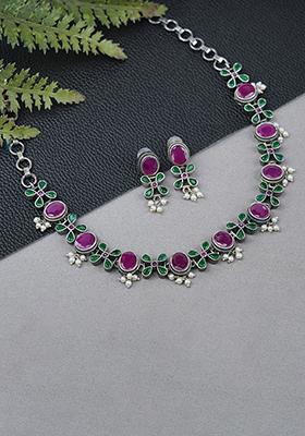 Silver Tone Purple And Green Brass Necklace And Earrings Set
