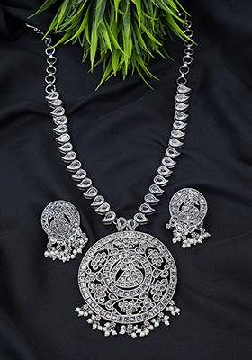Silver Tone Tribal Brass Necklace And Earrings Set