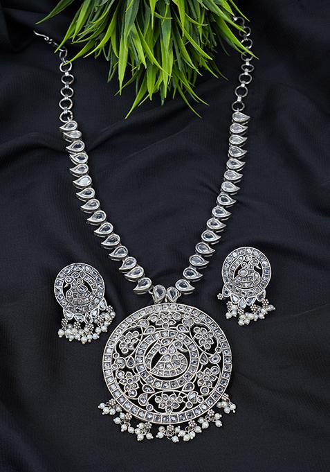 Silver Tone Tribal Brass Necklace And Earrings Set