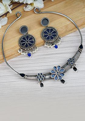 Silver Tone Blue Drop Brass Necklace And Earrings Set