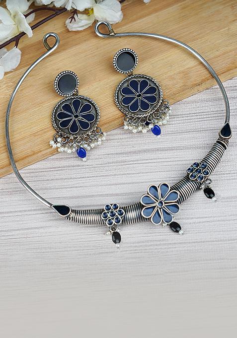 Silver Tone Blue Drop Brass Necklace And Earrings Set