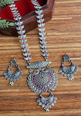 Silver Tone Brass Long Necklace And Earrings Set