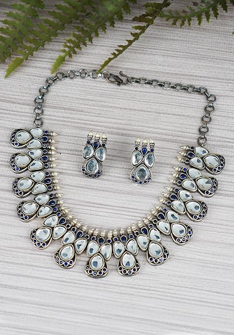 Silver Tone White Crystal Brass Necklace And Earrings Set