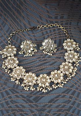 Silver Tone Grey Crystal Brass Necklace And Earrings Set