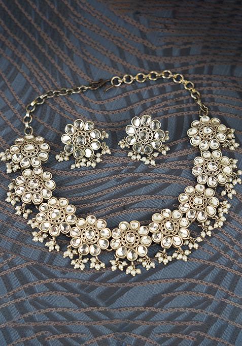 Silver Tone Grey Crystal Brass Necklace And Earrings Set