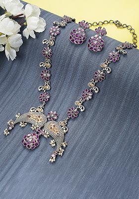 Dual Tone Brass Long Necklace And Earrings Set