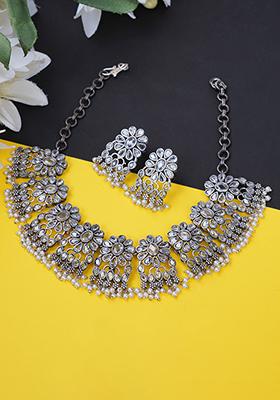 Silver Oxidized Brass Necklace And Earrings Set