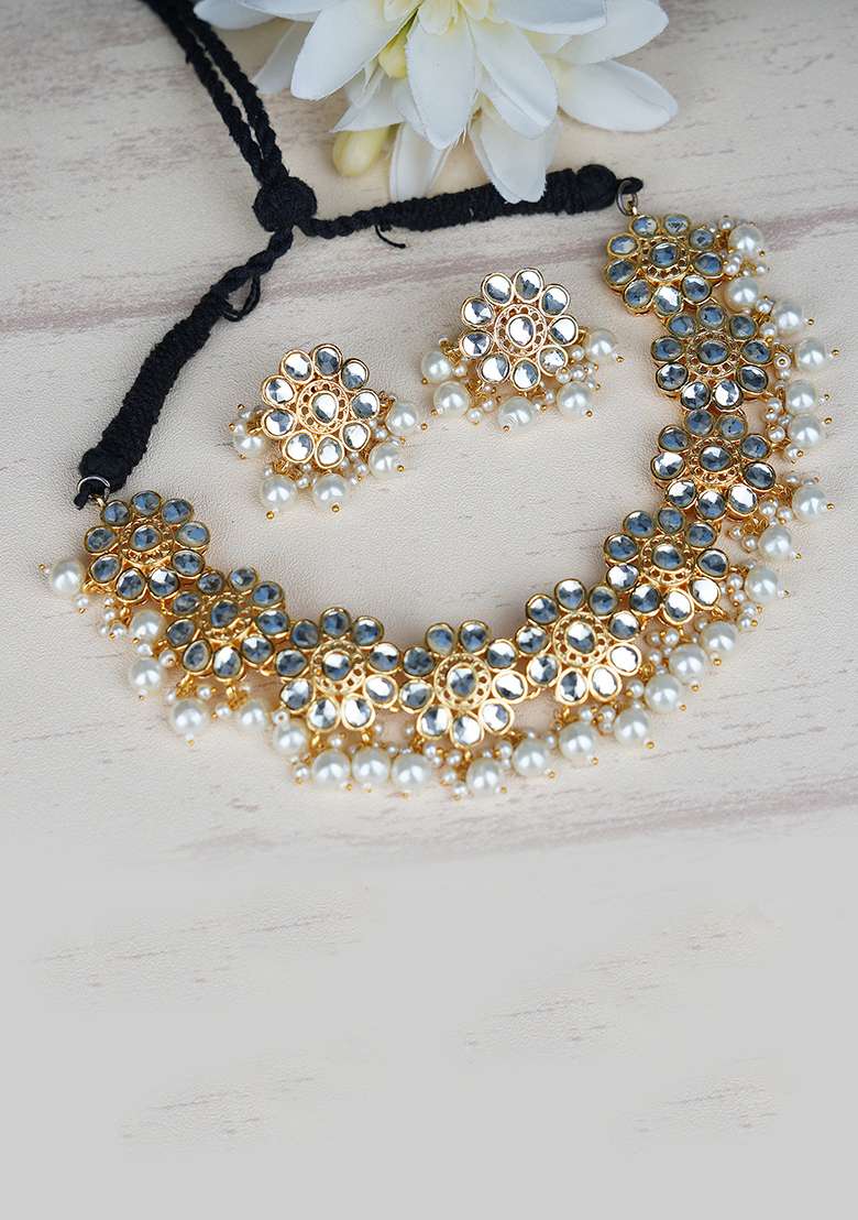 Gold Finish White Bead And Crystal Brass Necklace And Earrings Set - Indya