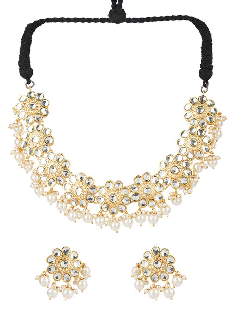 Gold Finish White Bead And Crystal Brass Necklace And Earrings Set - Indya