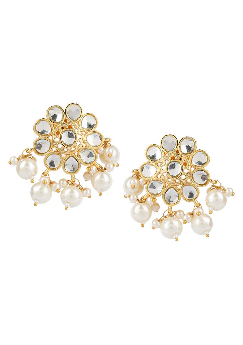 Gold Finish White Bead And Crystal Brass Necklace And Earrings Set - Indya