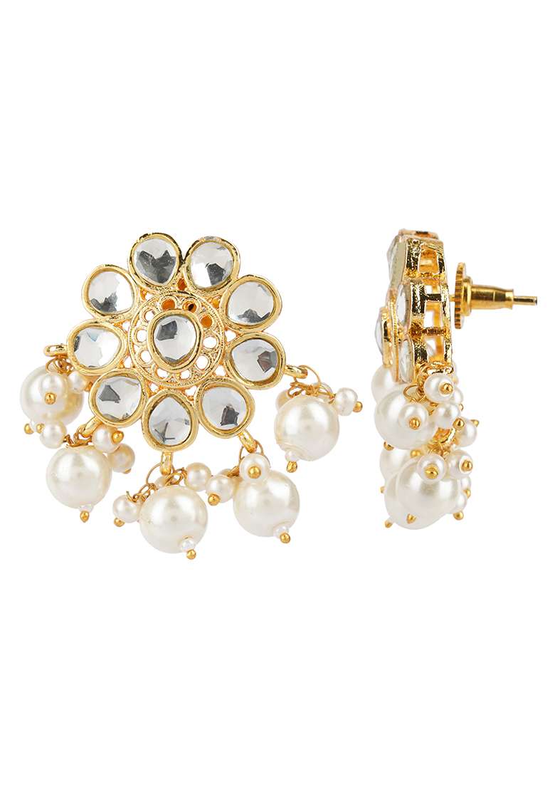 Gold Finish White Bead And Crystal Brass Necklace And Earrings Set - Indya