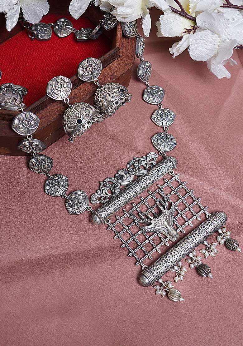 Silver Tone Handcrafted Brass Necklace And Earrings Set - Indya