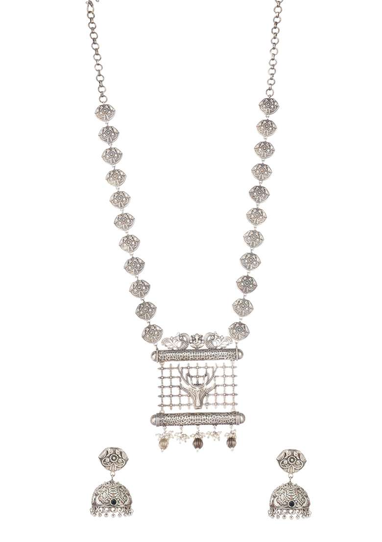 Silver Tone Handcrafted Brass Necklace And Earrings Set - Indya