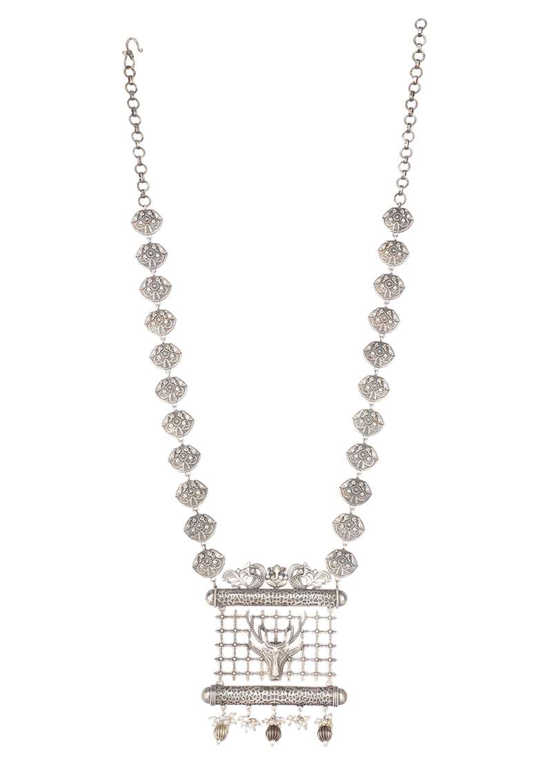 Silver Tone Handcrafted Brass Necklace And Earrings Set - Indya