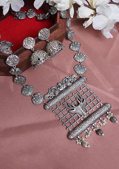 Silver Tone Handcrafted Brass Necklace And Earrings Set