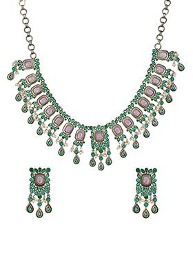 Silver Tone Green Bead Brass Necklace And Earrings Set