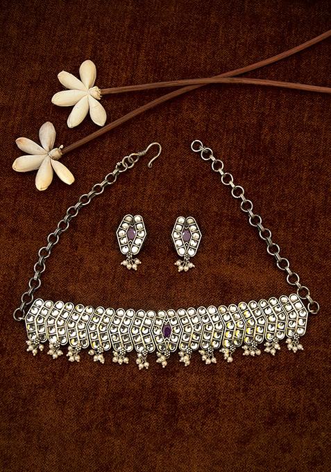 Silver Finish White Bead Brass Necklace And Earrings Set