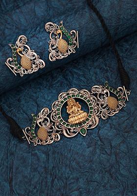 Dual Tone Brass Choker Necklace And Earrings Set