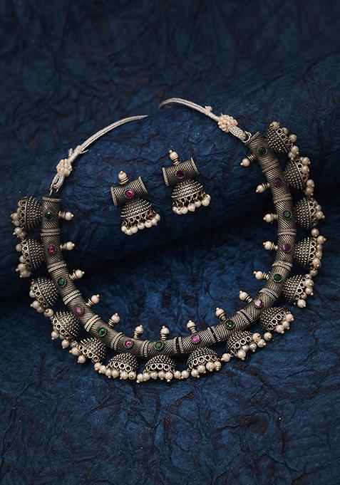 Silver Oxidized White Bead Brass Necklace And Earrings Set