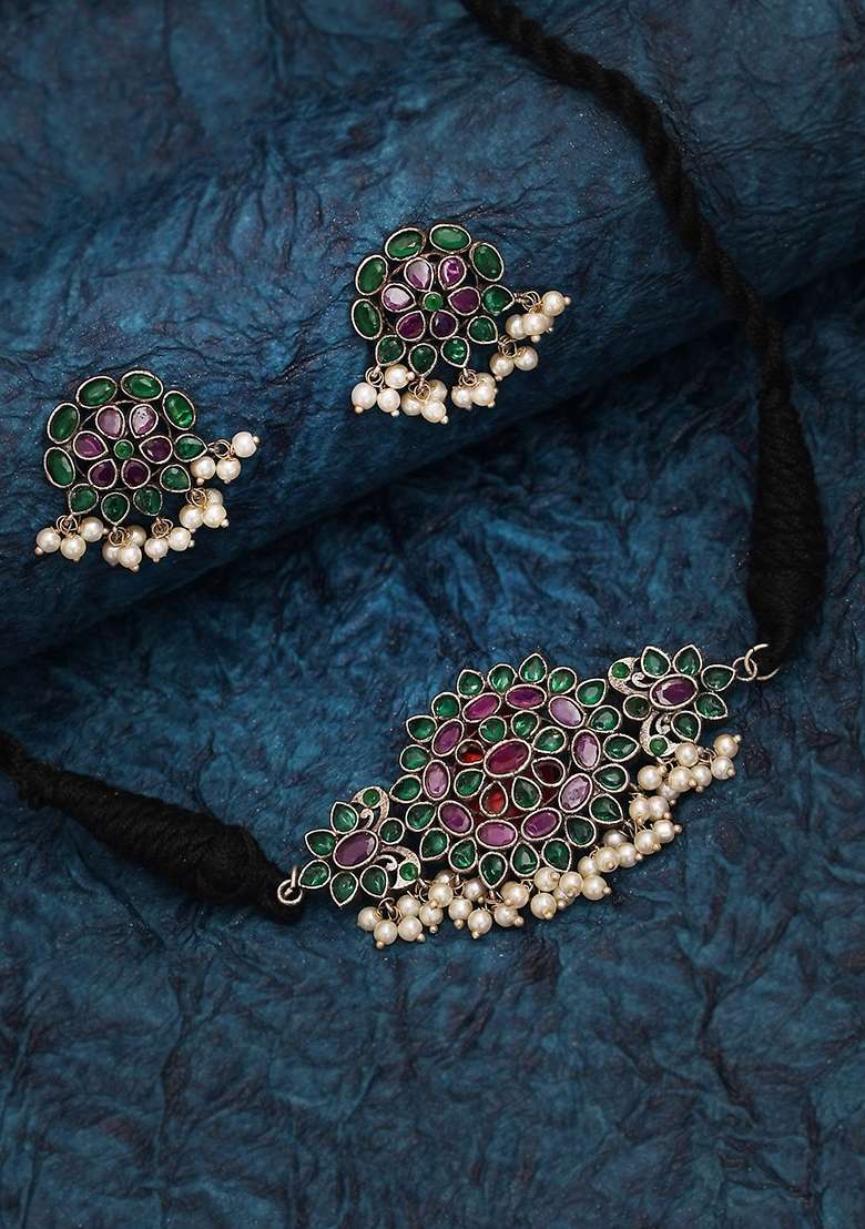 Silver Tone Multicolour Brass Choker Necklace And Earrings Set - Indya