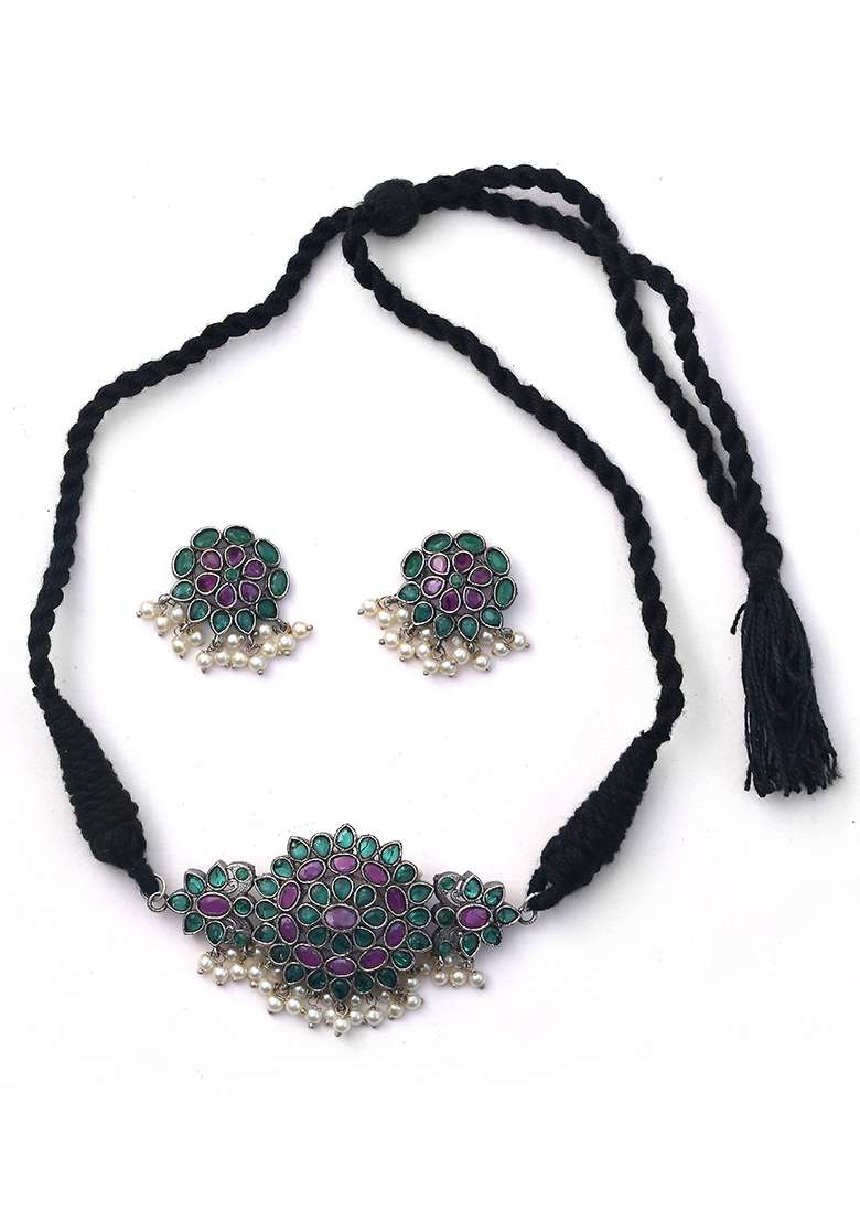 Silver Tone Multicolour Brass Choker Necklace And Earrings Set - Indya