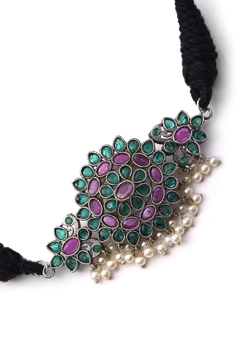 Silver Tone Multicolour Brass Choker Necklace And Earrings Set - Indya