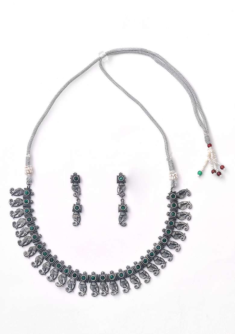 Silver Tone Brass Necklace And Earrings Set - Indya