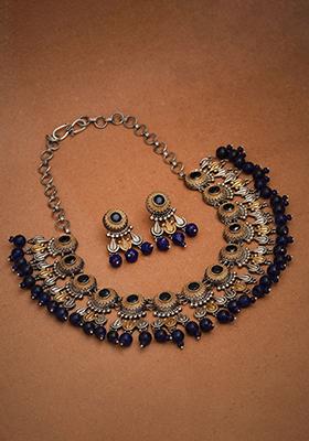 Silver Tone Royal Blue Stone Necklace And Earrings Set