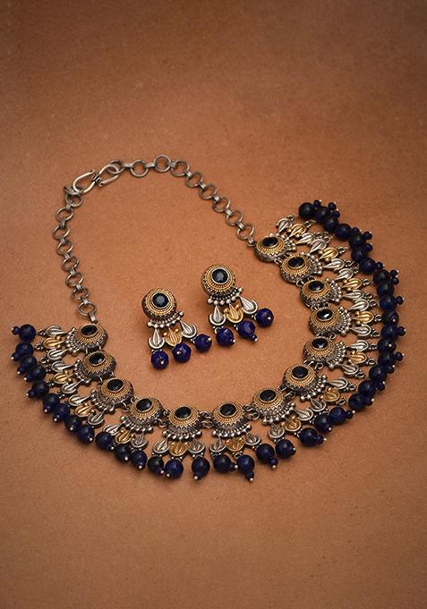 Silver Tone Royal Blue Stone Necklace And Earrings Set