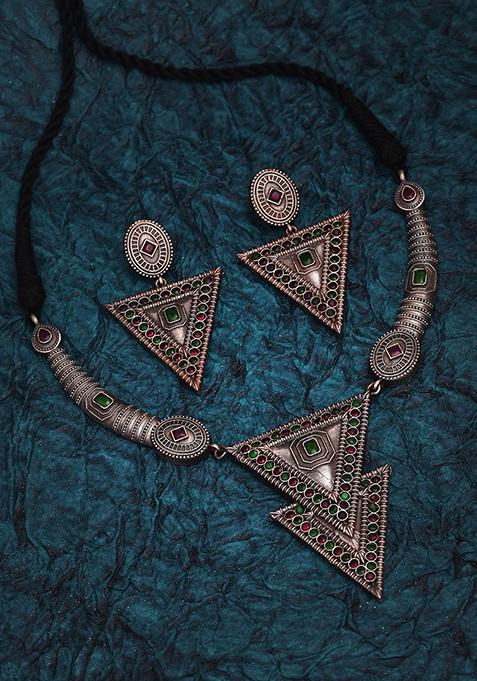 Silver Tone Triangle Shape Brass Necklace And Earrings Set