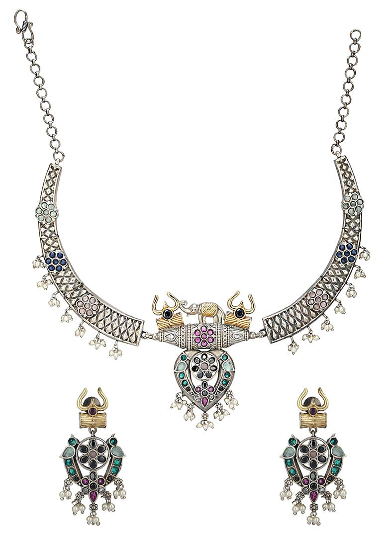 Multicolor Dual Tone Brass Necklace And Earrings Set