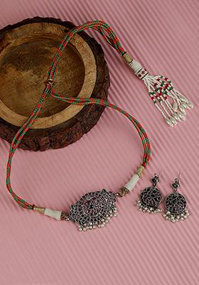 Multicolor Silver Tone Brass Choker Necklace And Earrings Set