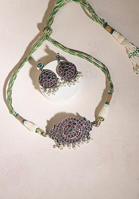 Multicolor Silver Tone Brass Necklace And Earrings Set