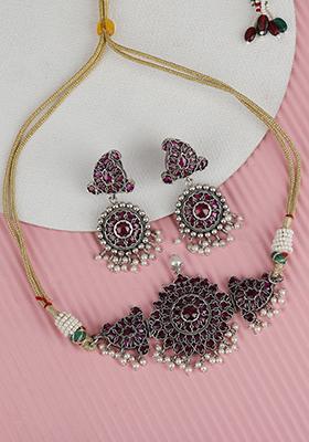 Multicolor Silver Finish Brass Necklace And Earrings Set