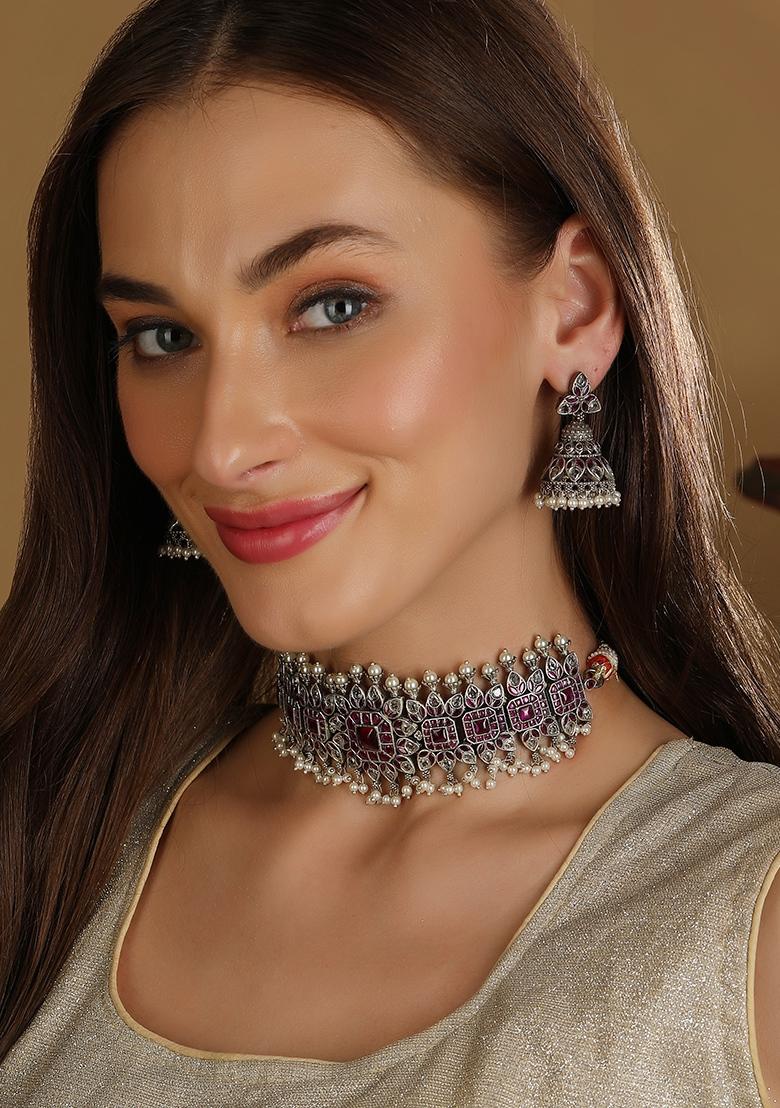 Multicolor Silver Finish Brass Choker Necklace And Earrings Set