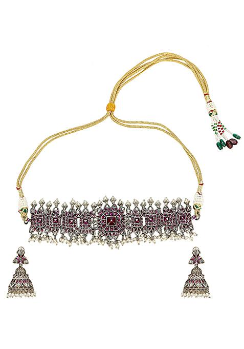 Multicolor Silver Finish Brass Choker Necklace And Earrings Set