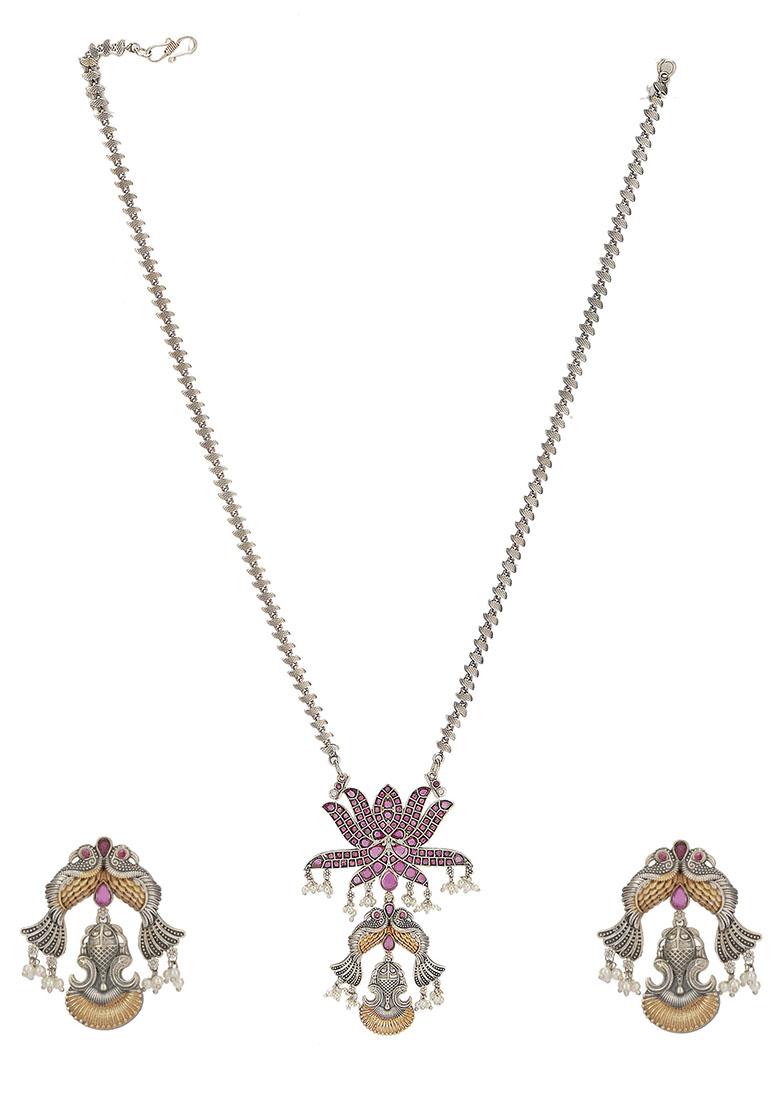 Dual Tone Purple Stone Handcrafted Brass Necklace And Earrings Set - Indya