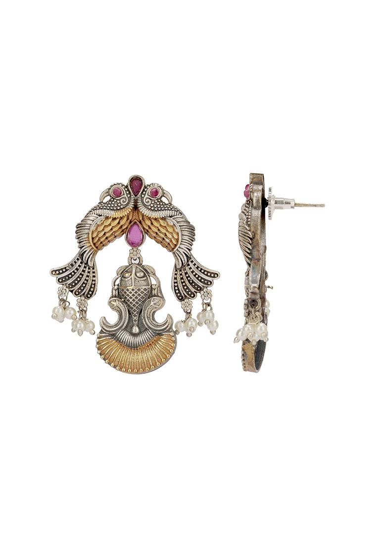 Dual Tone Purple Stone Handcrafted Brass Necklace And Earrings Set - Indya