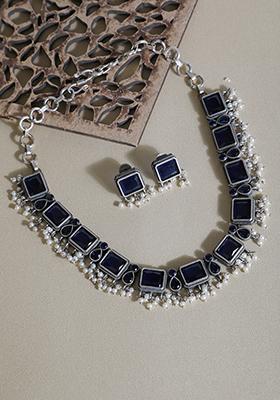 Royal Blue Silver Tone Handcrafted Brass Necklace And Earrings Set