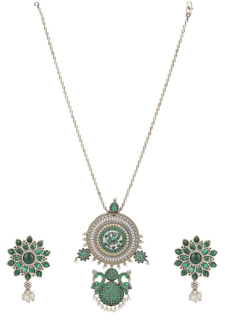 Green Dual Tone Handcrafted Brass Necklace And Earrings Set