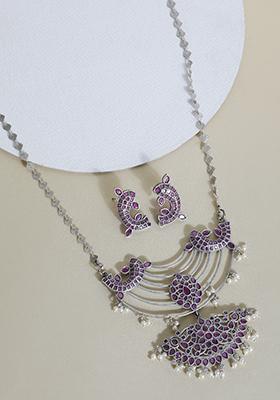 Purple Silver Finish Handcrafted Brass Necklace And Earrings Set