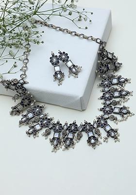 Silver Tone Blue Stone Floral Brass Necklace And Earrings Set