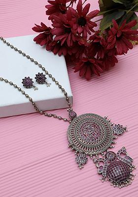 Silver Finish Handcrafted Brass Long Necklace And Earrings Set