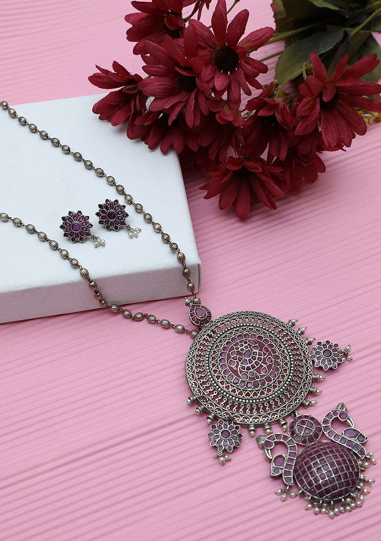 Silver Finish Handcrafted Brass Long Necklace And Earrings Set - Indya
