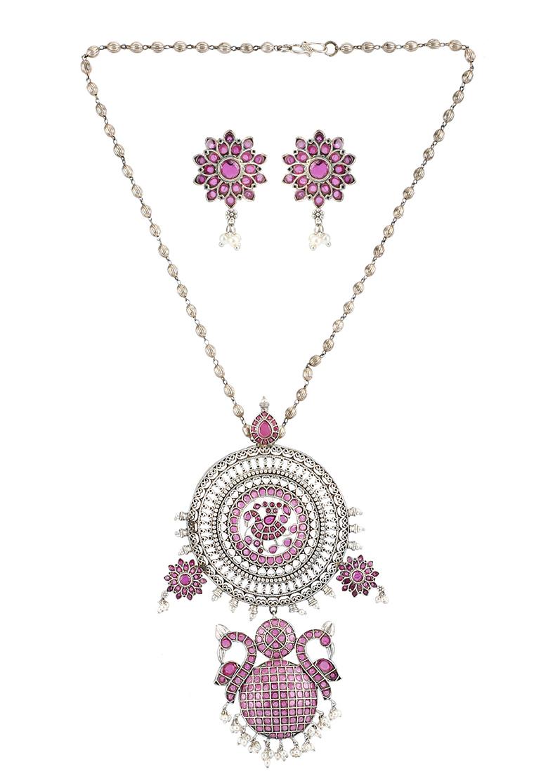 Silver Finish Handcrafted Brass Long Necklace And Earrings Set