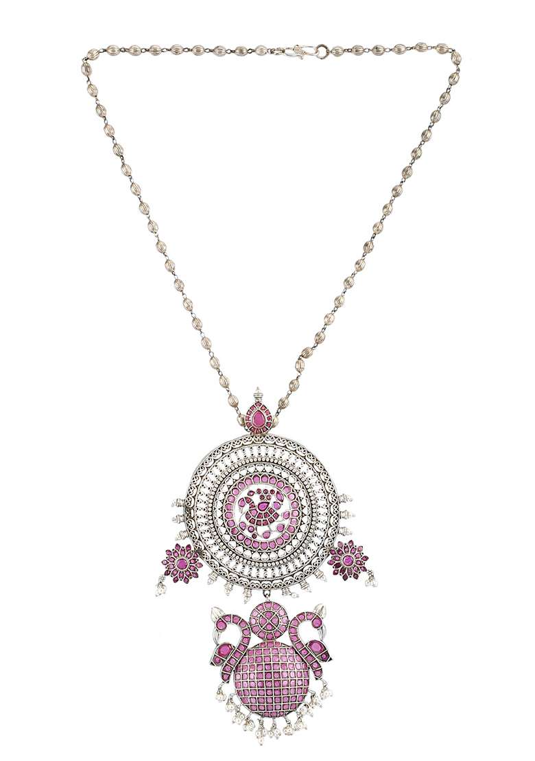 Silver Finish Handcrafted Brass Long Necklace And Earrings Set - Indya